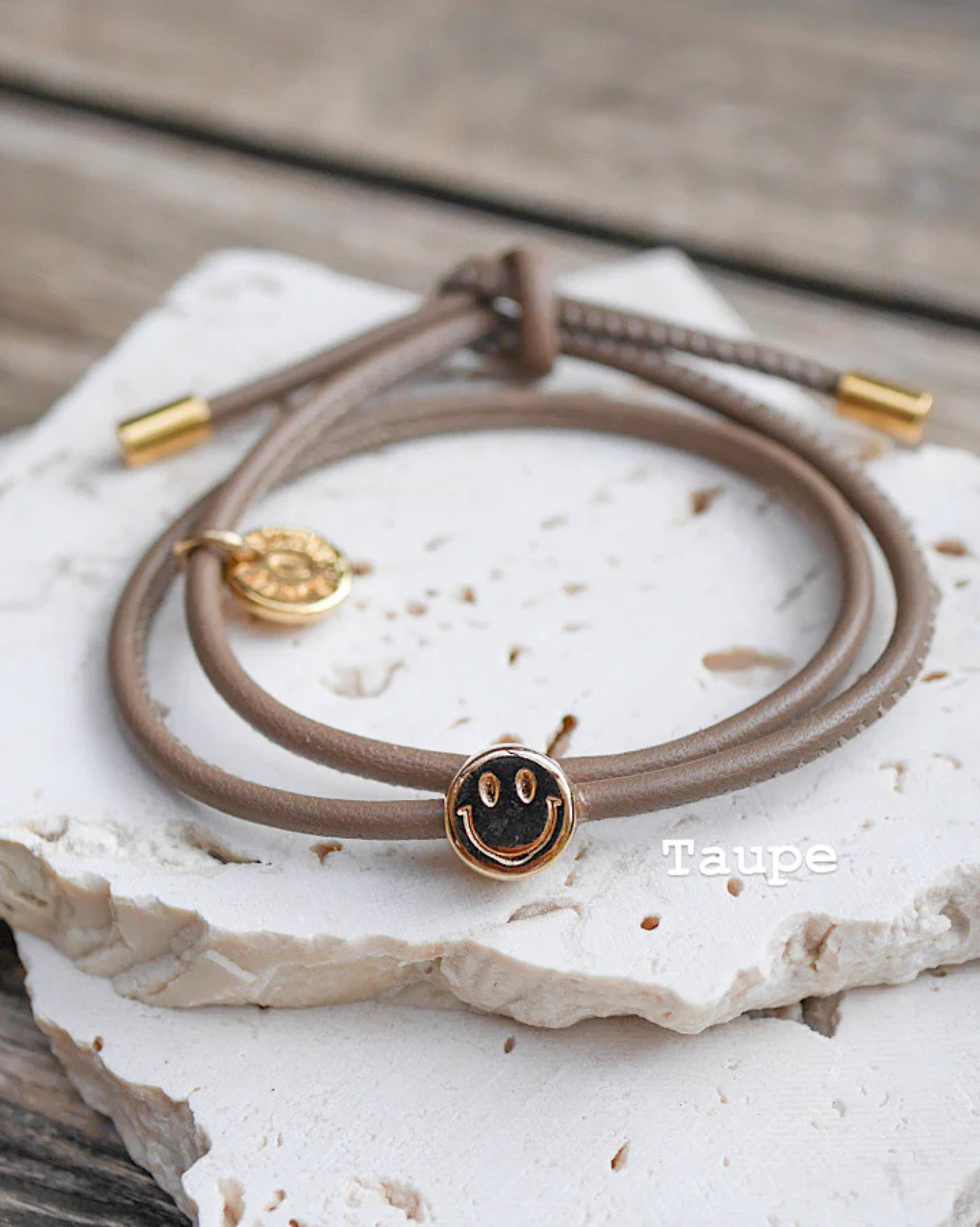 Lederarmband Smiley, Runte Schmuck, Smiley, Lederarmband, Gold, Taupe