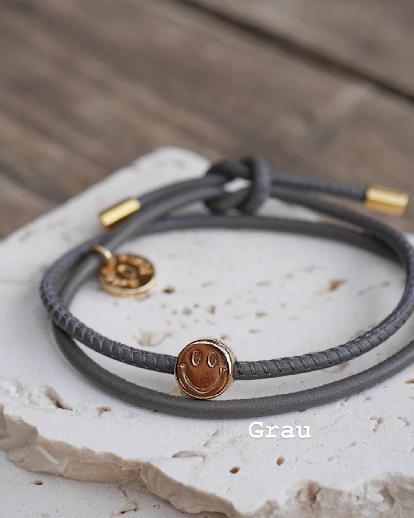 Lederarmband Smiley, Runte Schmuck, Smiley, Lederarmband, Gold, Grau